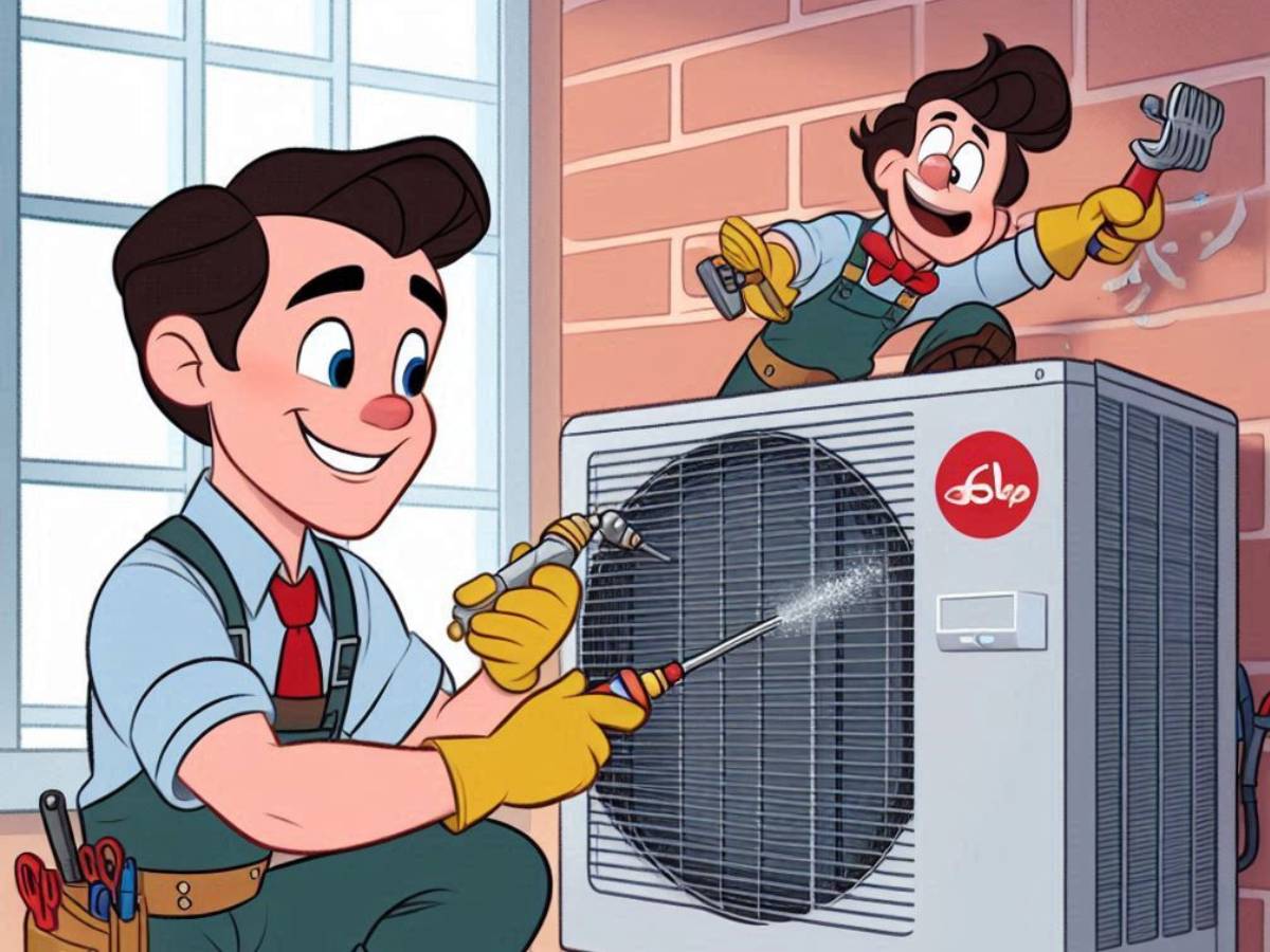 A technician cleaning the split ac